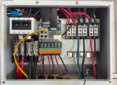 Inside view of an electrical control panel showing circuits and connections.